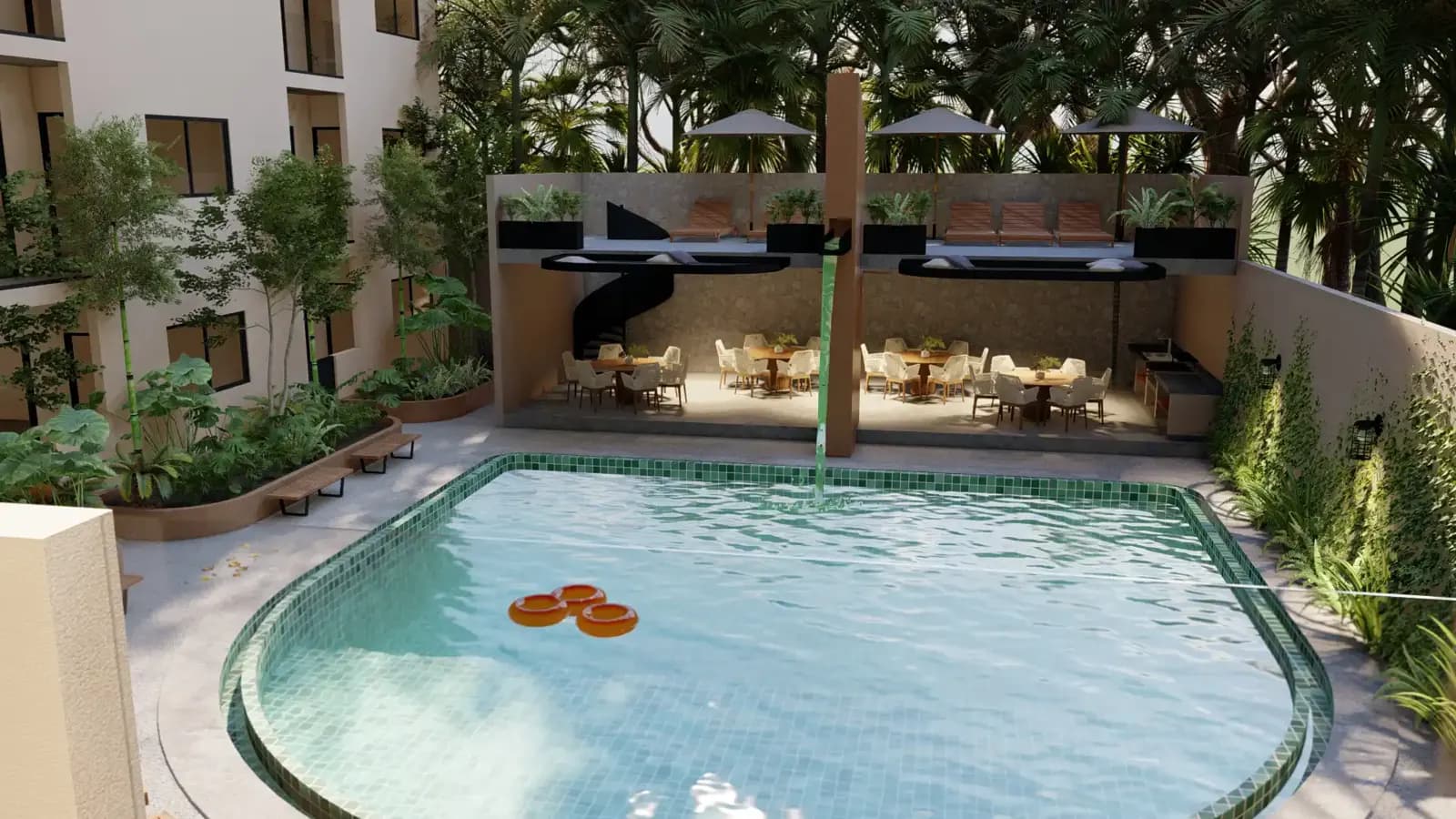 Pool surrounded by gardens